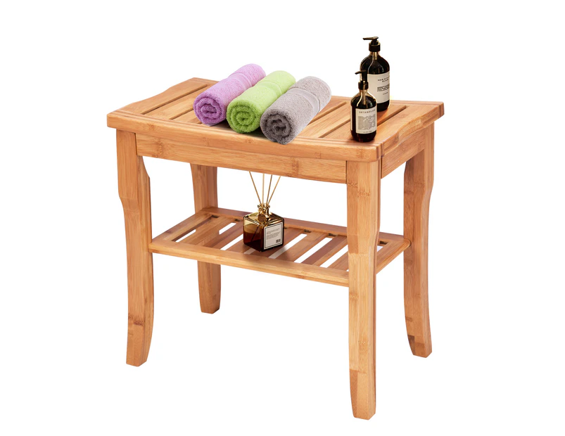 Giantex Shower Seat Bench Bathroom Spa Organizer w/Storage Shelf 44cm Bamboo Stool for Indoor and Outdoor