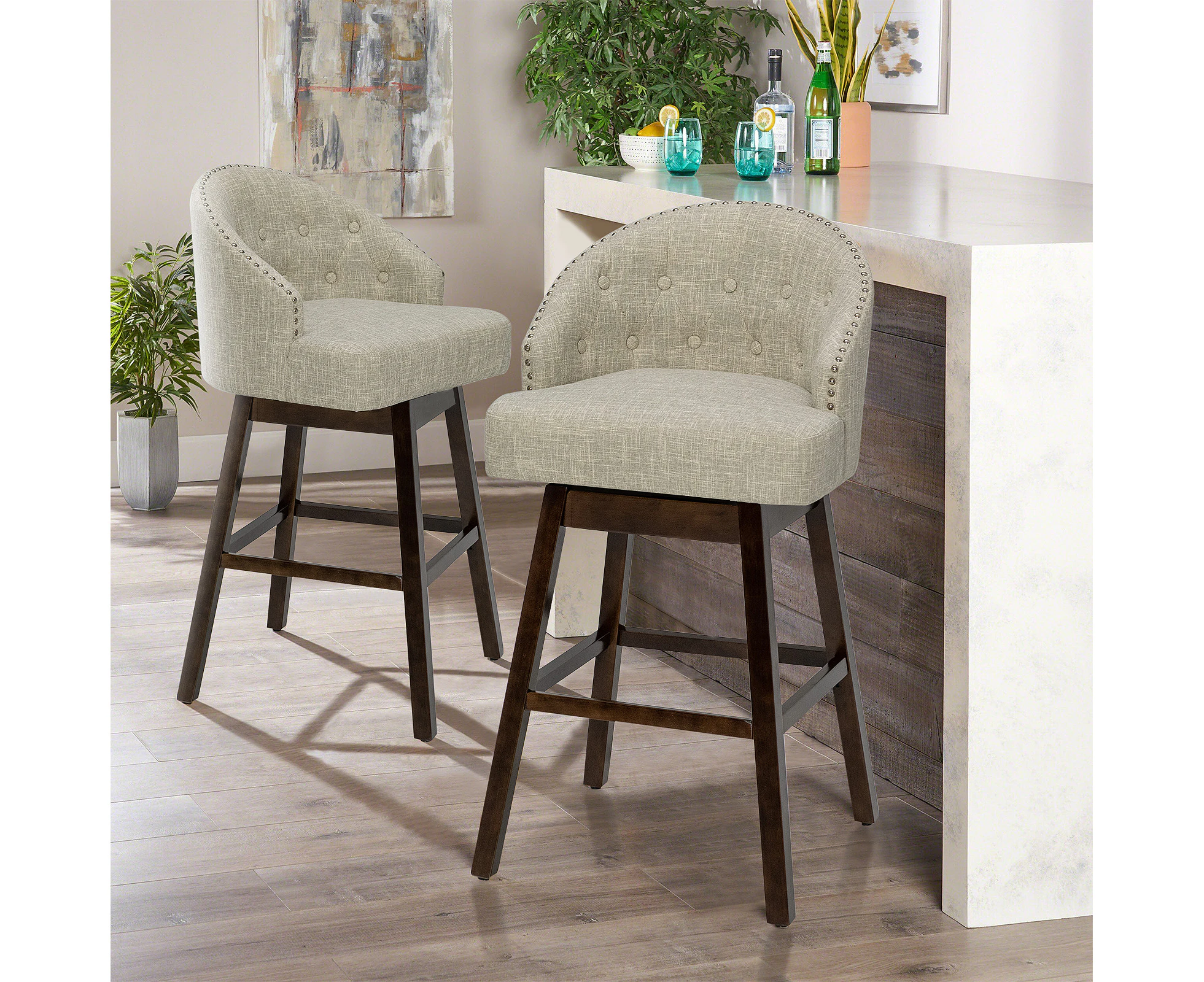 Giantex 2x Swivel Bar Stools Fabric Bar Height Pub Chairs w/Rubber Wood Legs Kitchen Cafe Dining Beige