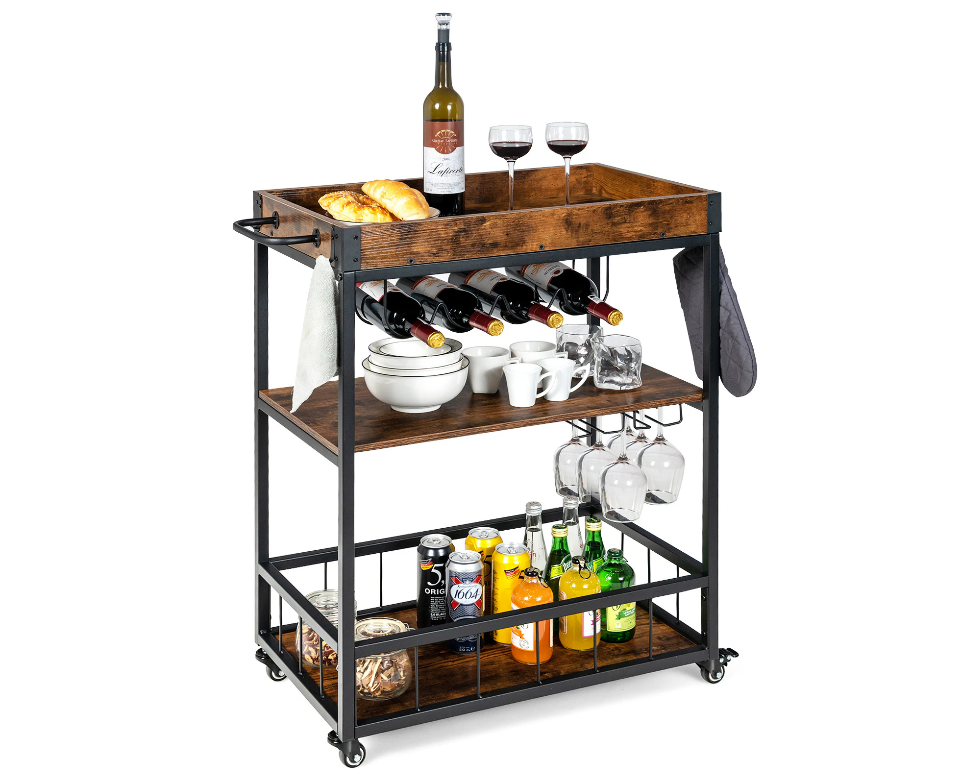 Giantex 3-Tier Industrial Bar Cart Kitchen Storage Trolley Mobile Serving Cart w/Wine Rack & Glass Holder