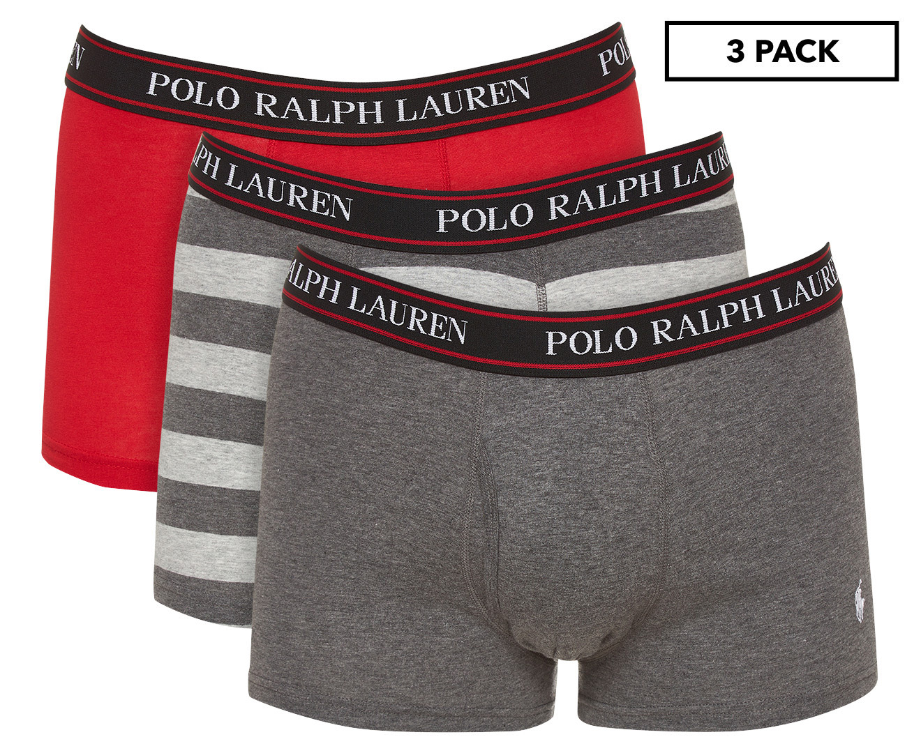 Polo Ralph Lauren Men's Stretch Classic Fit Trunks 3-Pack - Grey  Heather/Ruby