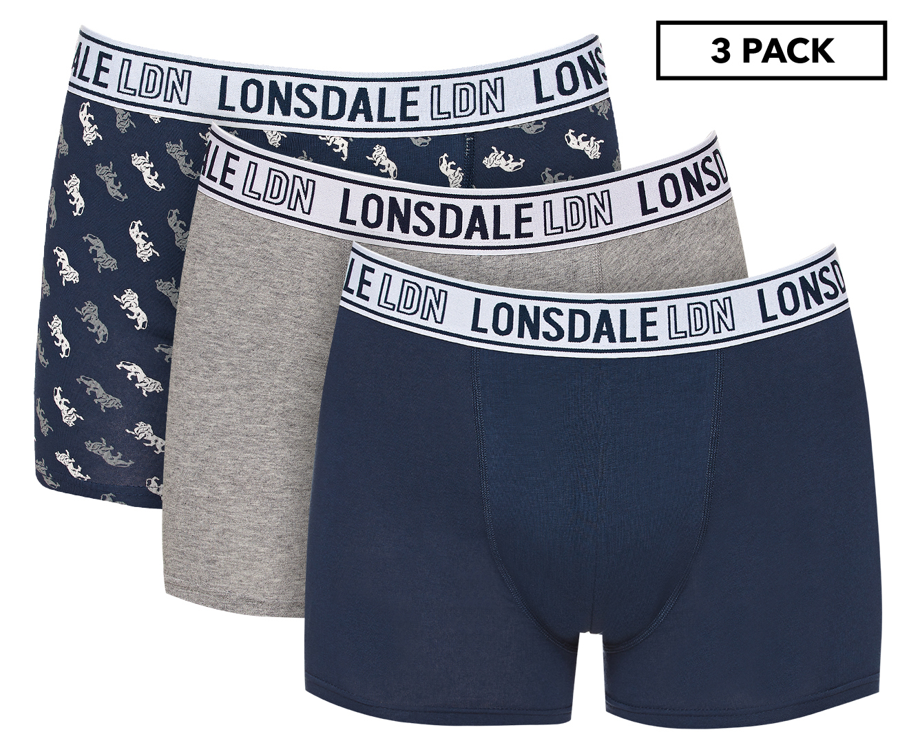 Lonsdale Men's Cotton Short Leg Trunks 3-Pack - Navy Lion Print/Grey ...