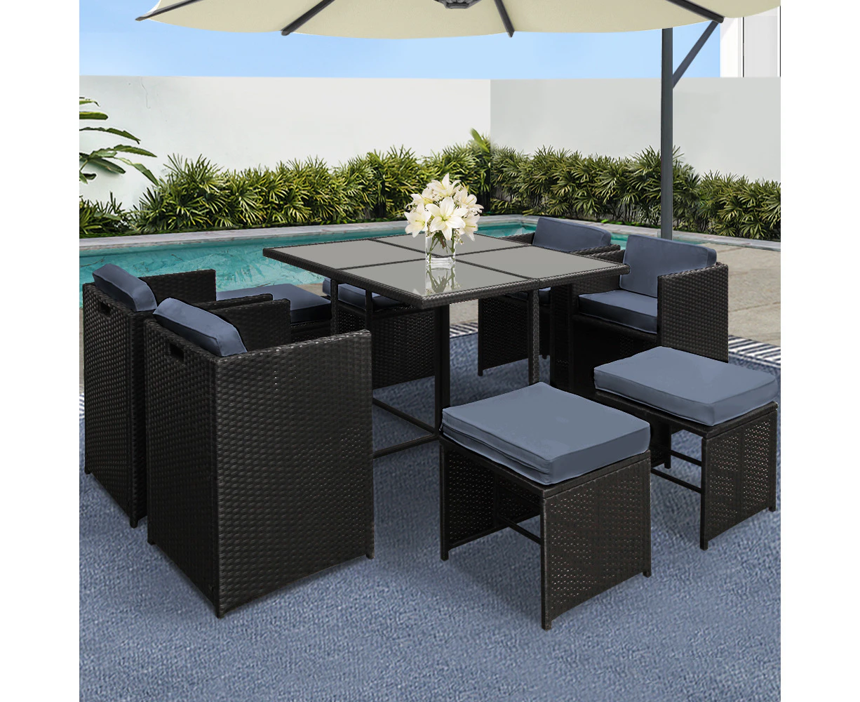 Gardeon Outdoor Dining Set 9 Piece Wicker Table Chairs Setting Black