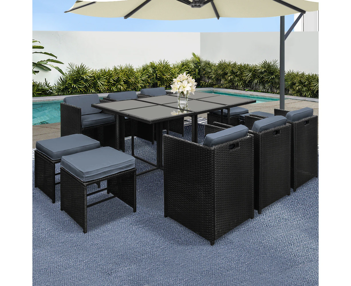 Gardeon Outdoor Dining Set 11 Piece Wicker Table Chairs Setting Black