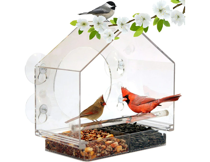 Bird House Feeder by with Sliding Seed Holder and 4 Extra Strong Suction Cups. Large Outdoor Birdfeeders for Wild Birds. Birdhouse Shape.