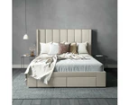 Four Storage Drawers Bed Frame with Tall Vertical Lined Bed Head with Wings in King, Queen and Double Size (Beige Fabric)