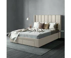 Four Storage Drawers Bed Frame with Tall Vertical Lined Bed Head with Wings in King, Queen and Double Size (Beige Fabric)