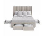 Four Storage Drawers Bed Frame with Tall Vertical Lined Bed Head with Wings in King, Queen and Double Size (Beige Fabric)