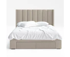 Four Storage Drawers Bed Frame with Tall Vertical Lined Bed Head with Wings in King, Queen and Double Size (Beige Fabric)