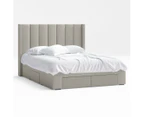 Four Storage Drawers Bed Frame with Tall Vertical Lined Bed Head with Wings in King, Queen and Double Size (Beige Fabric)