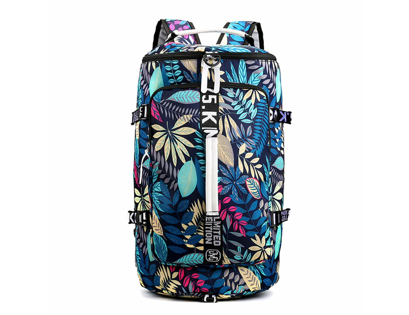 Large Capacity Flower Pattern Travel Duffle Bag Sport Gym Backpack Blue