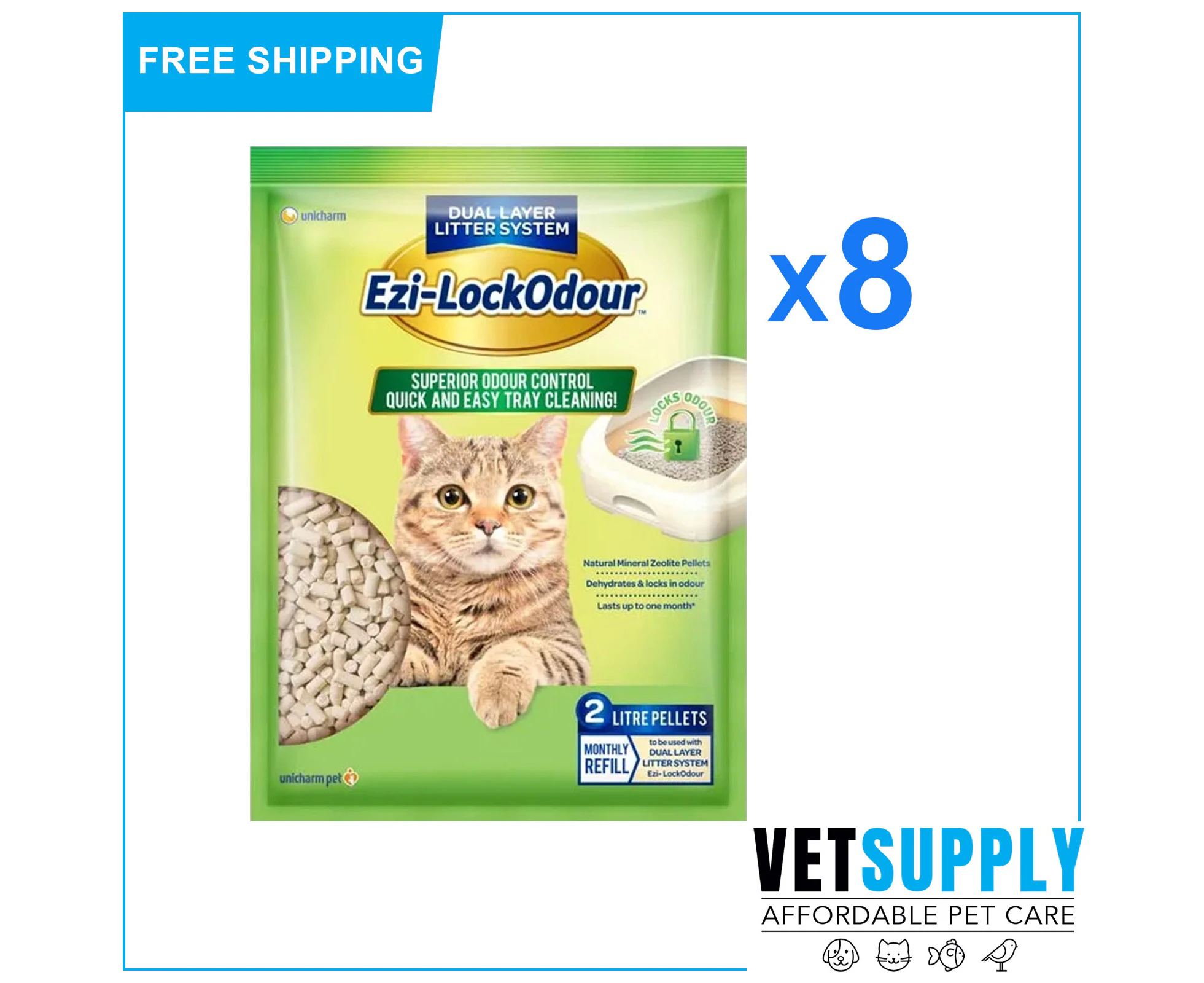 Ezi-Lockodour Natural Mineral Zeolite Cat Litter Pellets 2 Kg 8 Pack