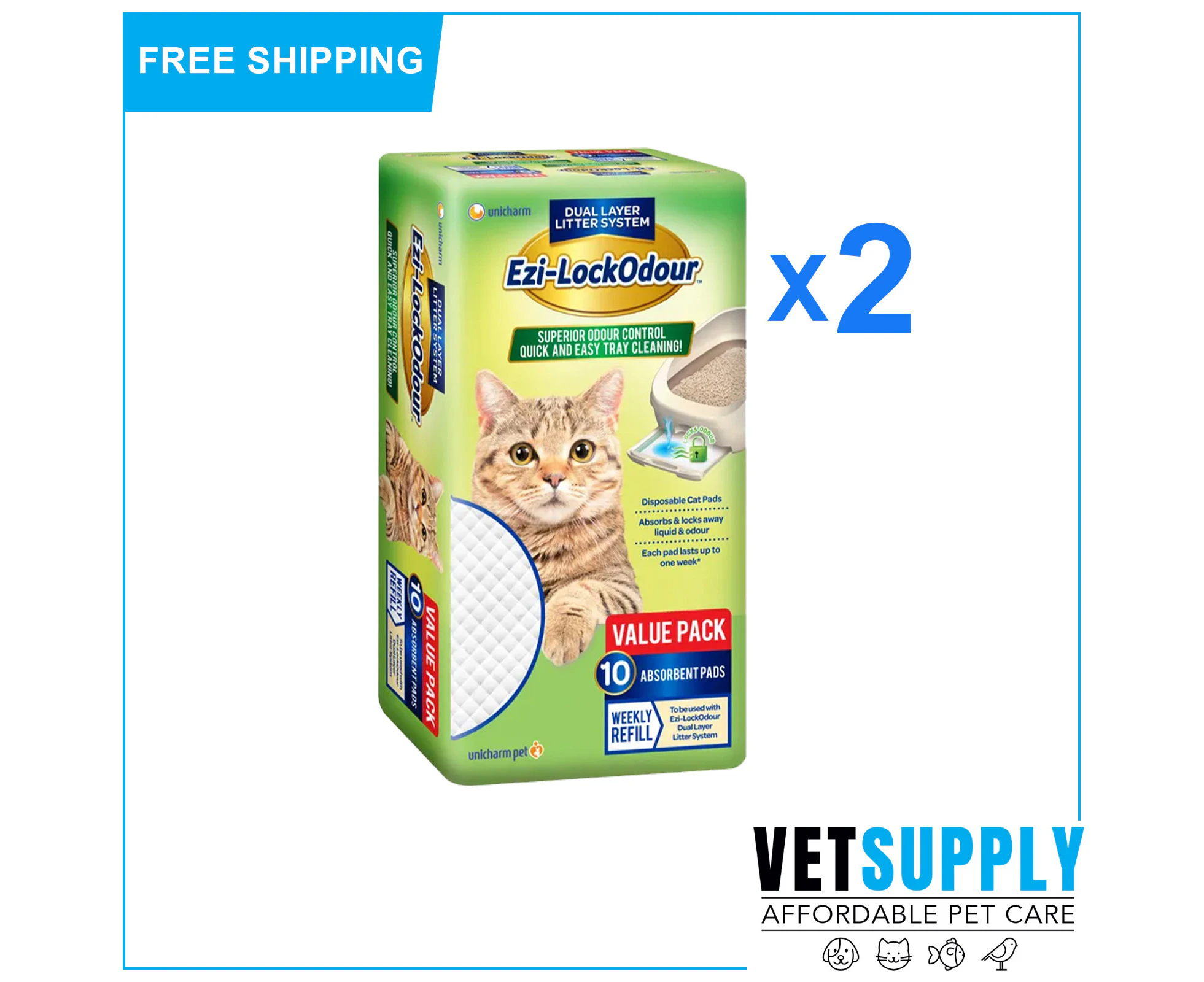 Ezi-Lockodour Absorbant Cat Litter 10 Pads Packet 2 Pack