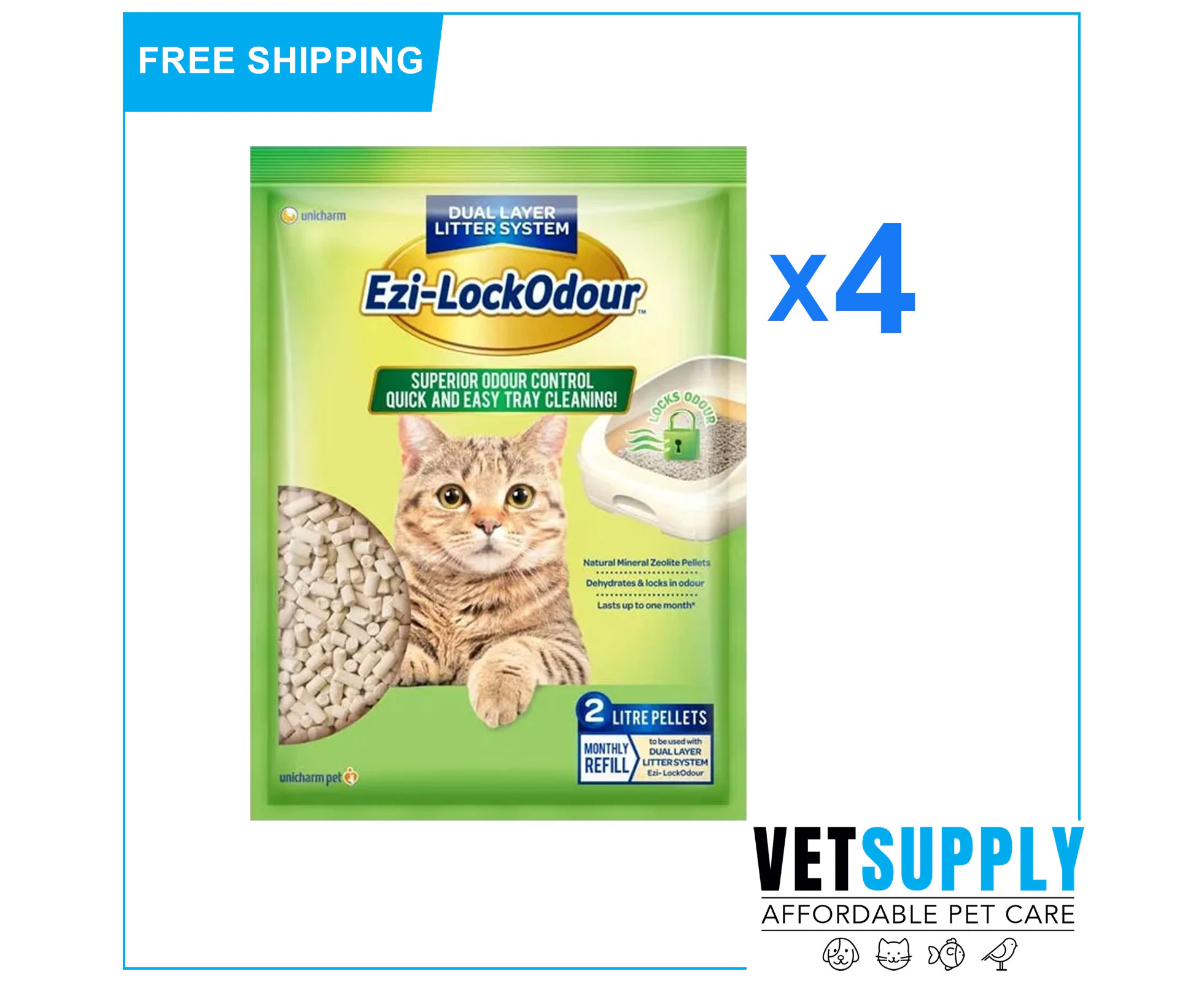 Ezi-Lockodour Natural Mineral Zeolite Cat Litter Pellets 2 Kg 4 Pack