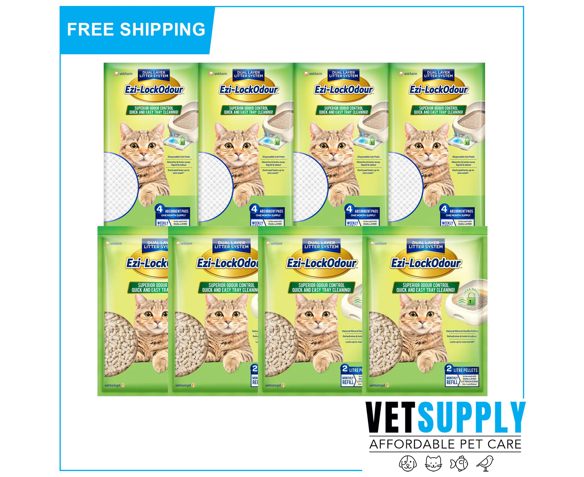 Ezi LockOdour Cat Litter Pellets 2 Kg + Absorbant Cat Litter 4 Pads 4 Pack