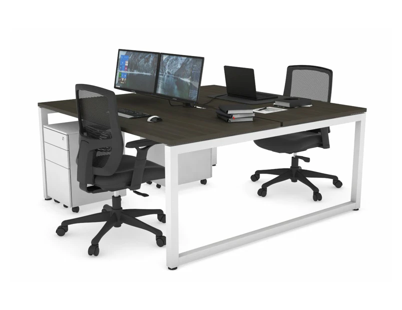 Quadro Loop Leg 2 Person Office Workstations [1600L x 800W with Cable Scallop] - white leg, dark oak, none