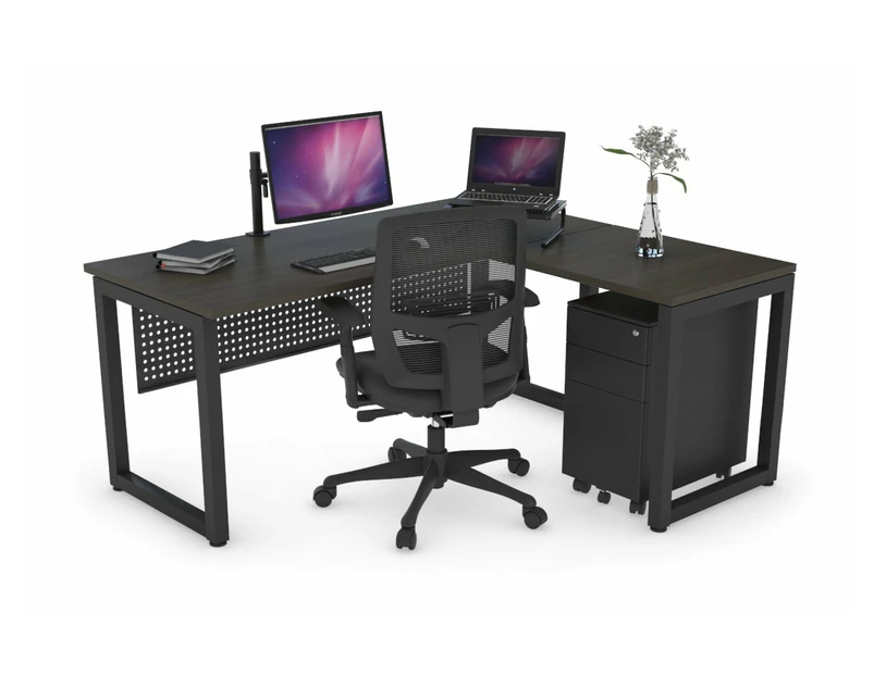 Quadro Loop Leg L-Shaped Corner Office Desk [1800L x 1450W] - black leg, dark oak, black modesty