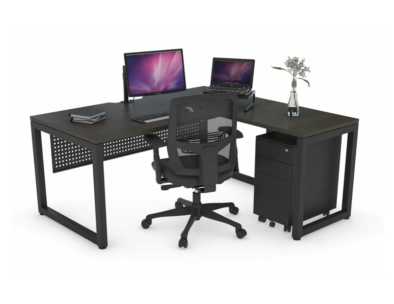 Quadro Loop Leg L-Shaped Corner Office Desk [1800L x 1550W with Cable Scallop] - black leg, dark oak, black modesty