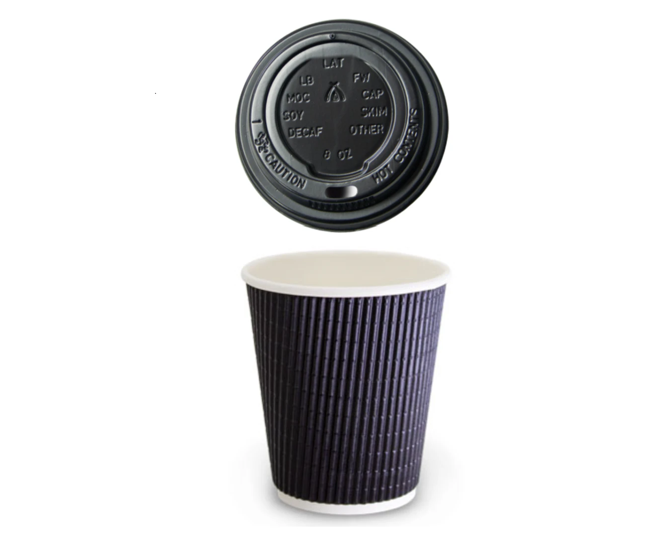 50 X 8Oz Charcoal Triple Wall Corrugated Hot Coffee Cups With Black Lids