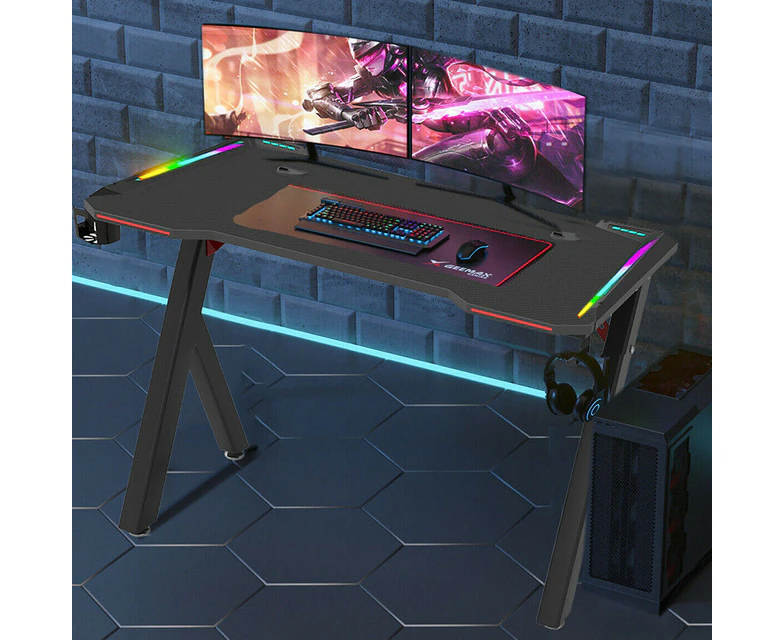 UNHO Gaming Table RGB Gamer Computer Table Carbon Fiber Desktop w/ Cup Holder & Headphone Hook