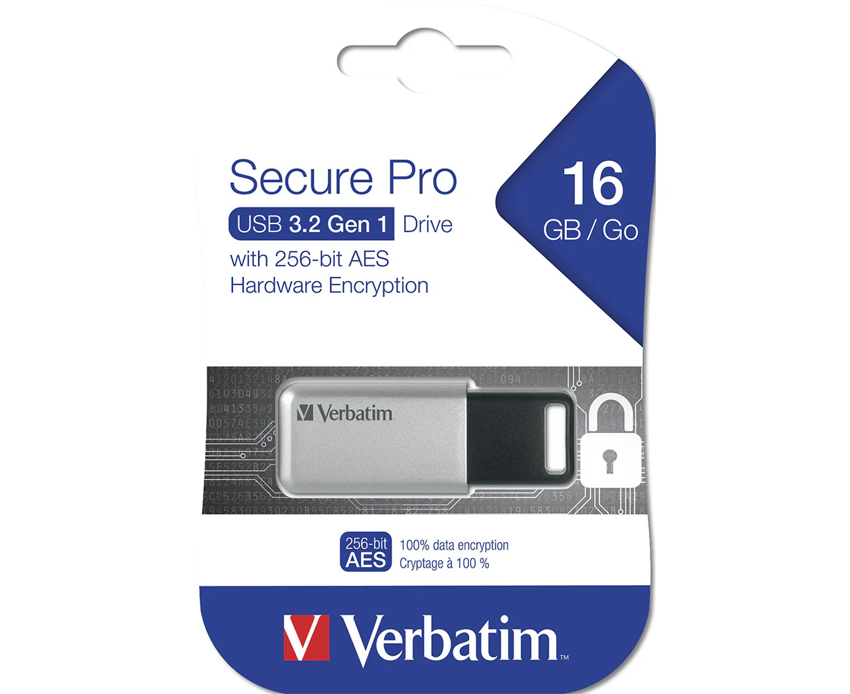 Verbatim Store 'n' Go Secure Pro 16 GB USB 3.0 Flash Drive - 256-bit AES - TAA Compliant - 100 MB/s Read Speed - 20 MB/s Write Speed - 1 Each