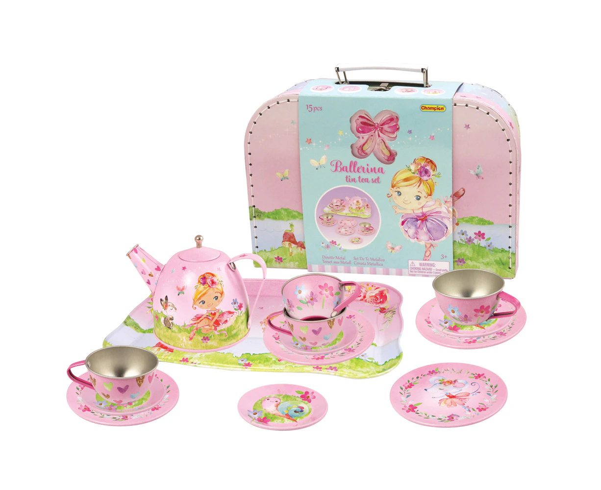 15pc Champion Pretend Play Ballerina Tin Tea Pot Tray Plate Suitcase Set Kids 3+