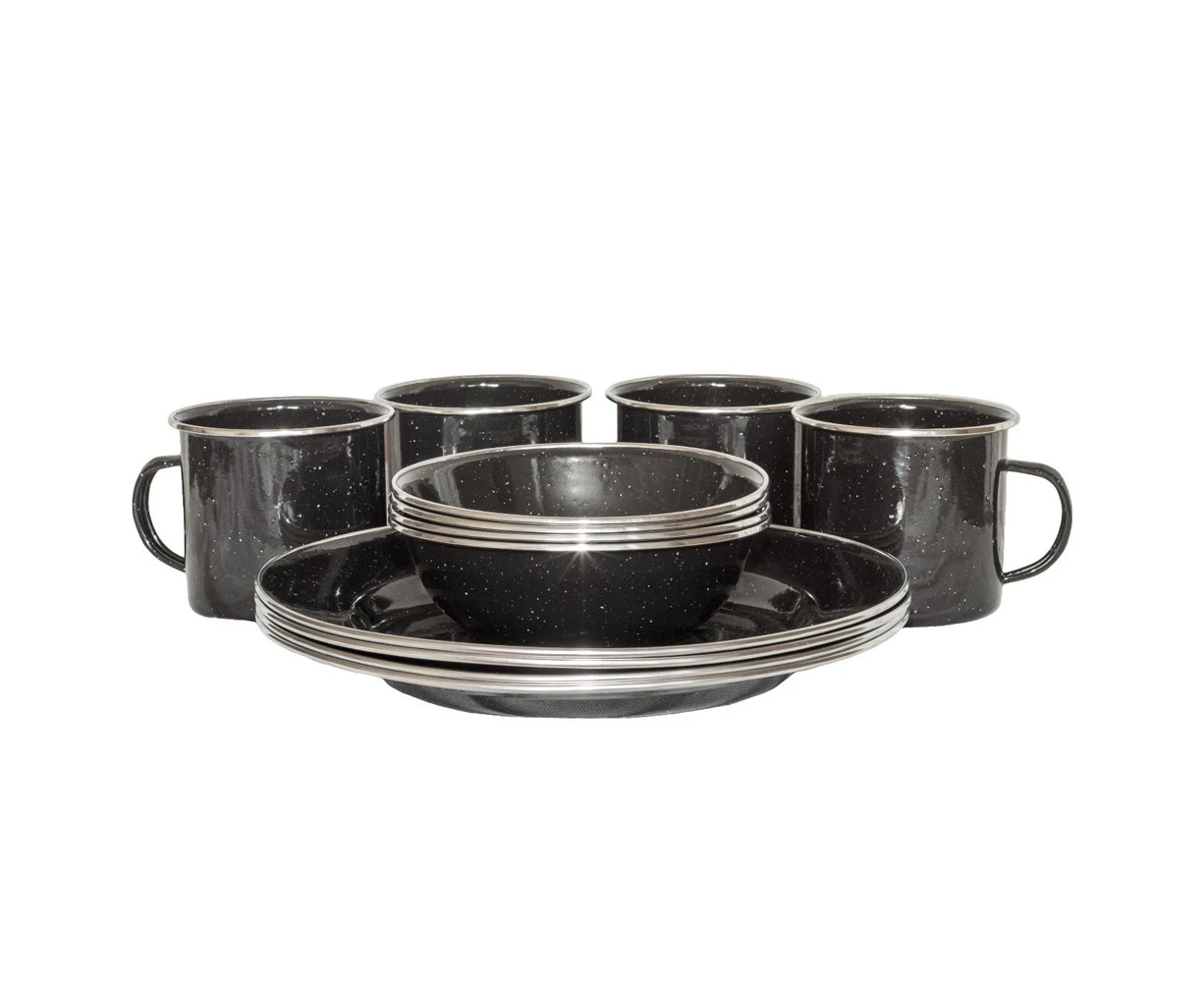 12pc Wildtrak Premium Enamel Outdoor Camping Dinner Set Mug/Bowl/Plate Black