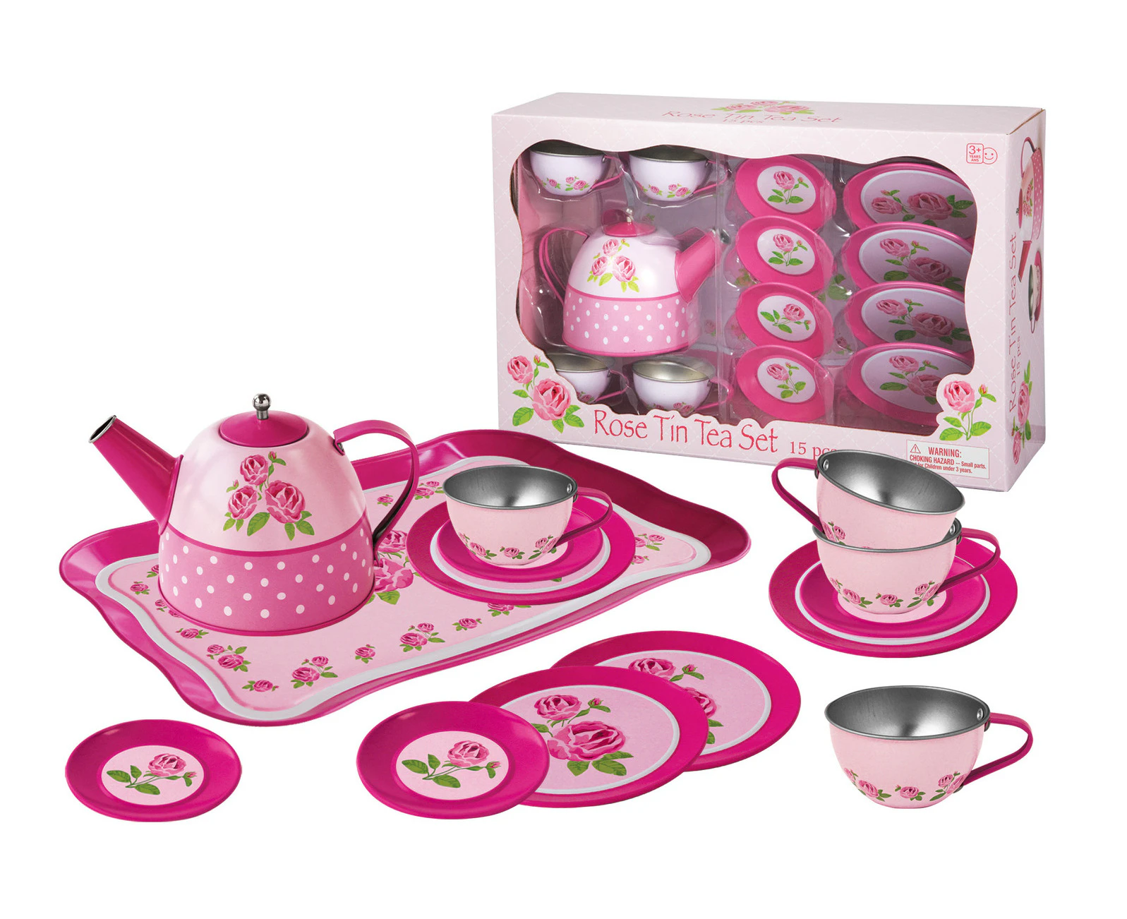 15pc Kaper Kidz Children/Kids Rose Themed Pretend Play Tin Teacup/Teapot Set 3+