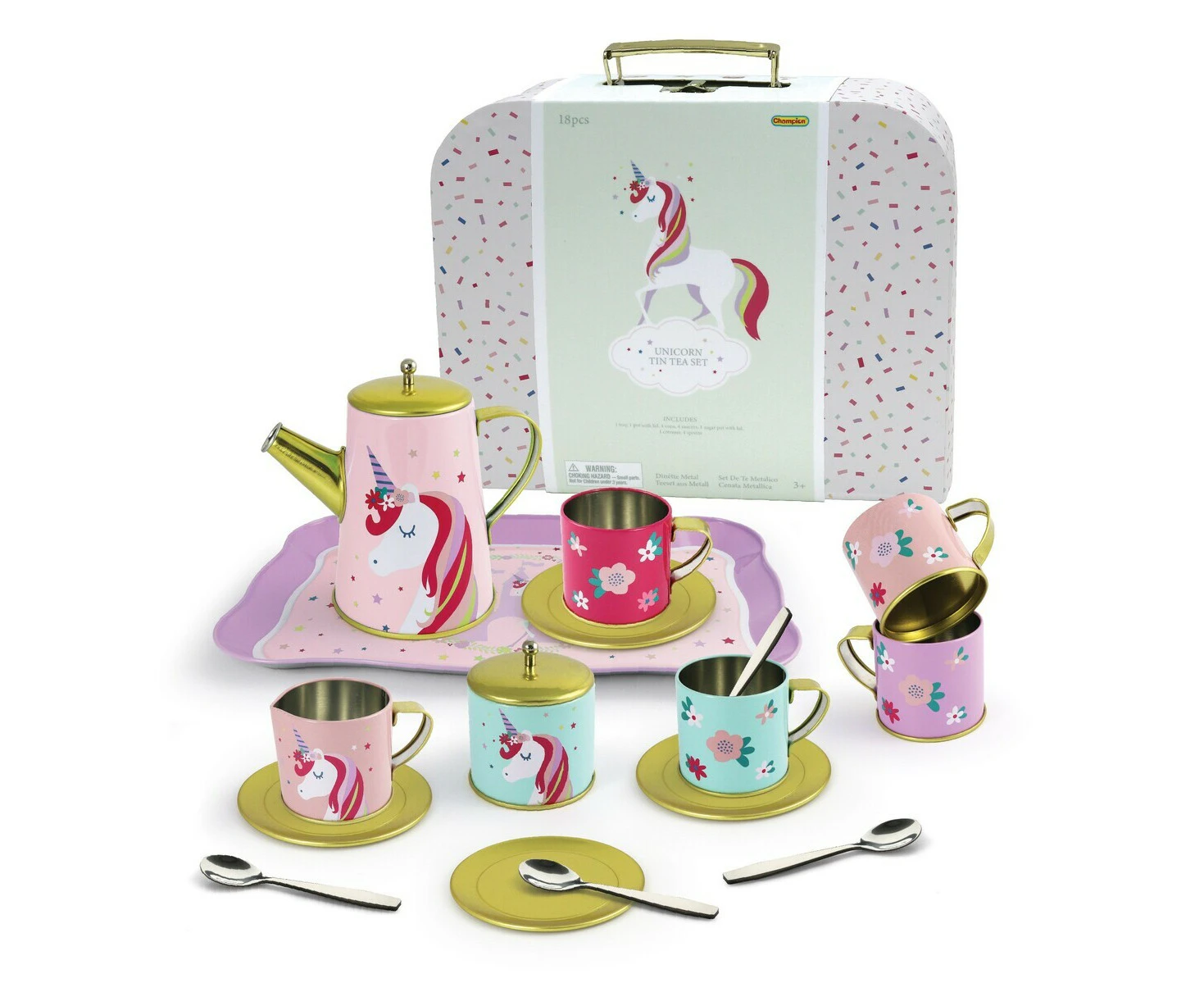 18pcs Kaper Kidz Deluxe Unicorn Themed Tin Teacup Set Suitcase For Children 3+