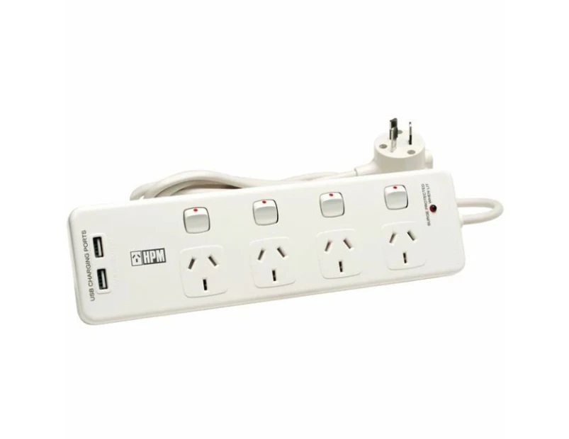 HPM 4-Way Surge 2400W Powerboard 4 Outlets/USB Ports w/ Individual Switches WHT
