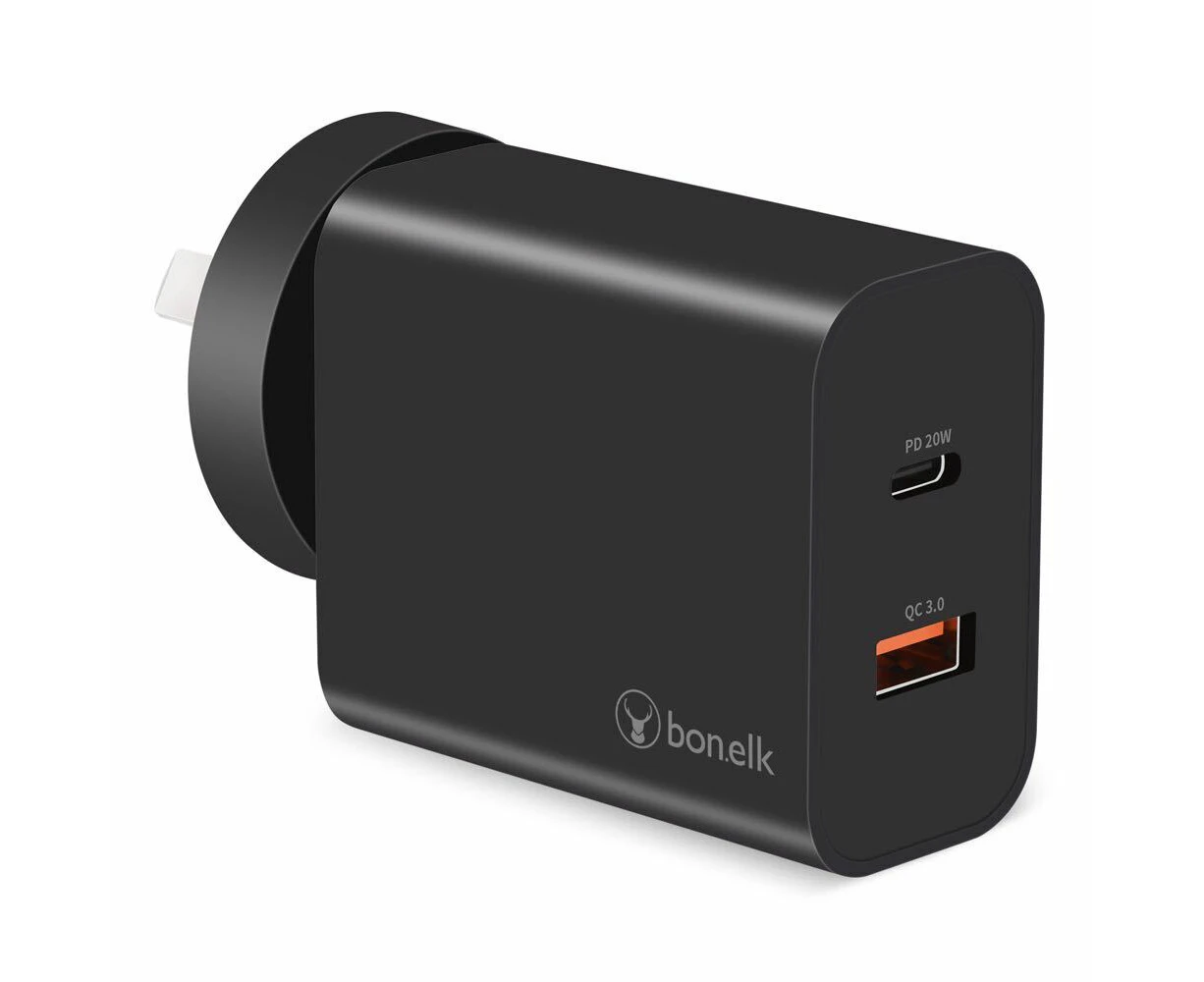 Bonelk AC Wall Charger 20W PD/USB-C 18W/QC USB-A 38W Adapter Plug AU/NZ Black