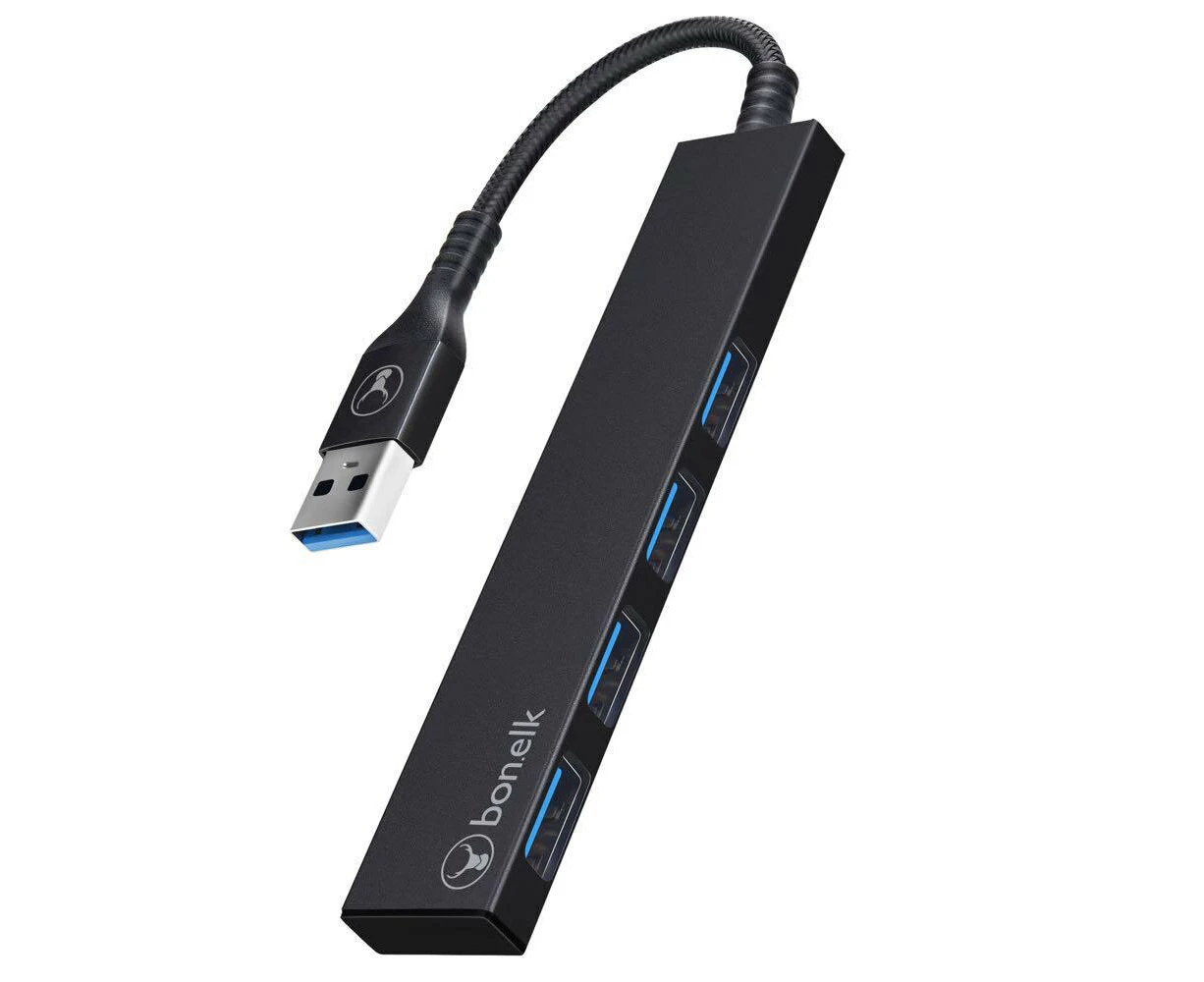 Bonelk Long-Life USB-A to 4-Port USB 3.0 Ports Slim Hub Adapter Connector Black