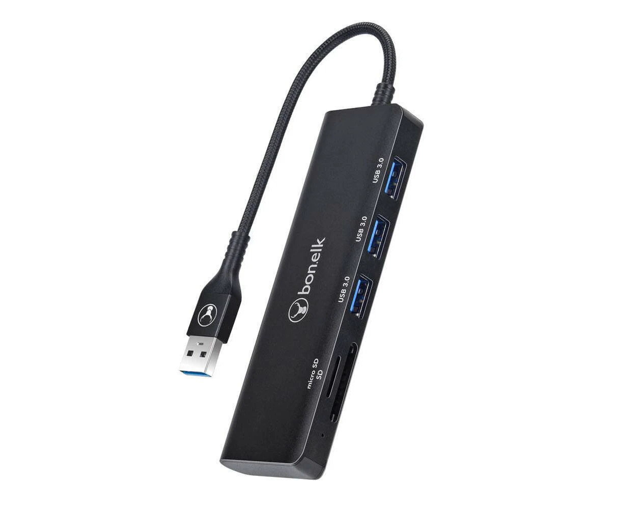 Bonelk USB 3.0 Long-Life 5-in-1 Multiport Hub Portable Splitter 5Gbps Black