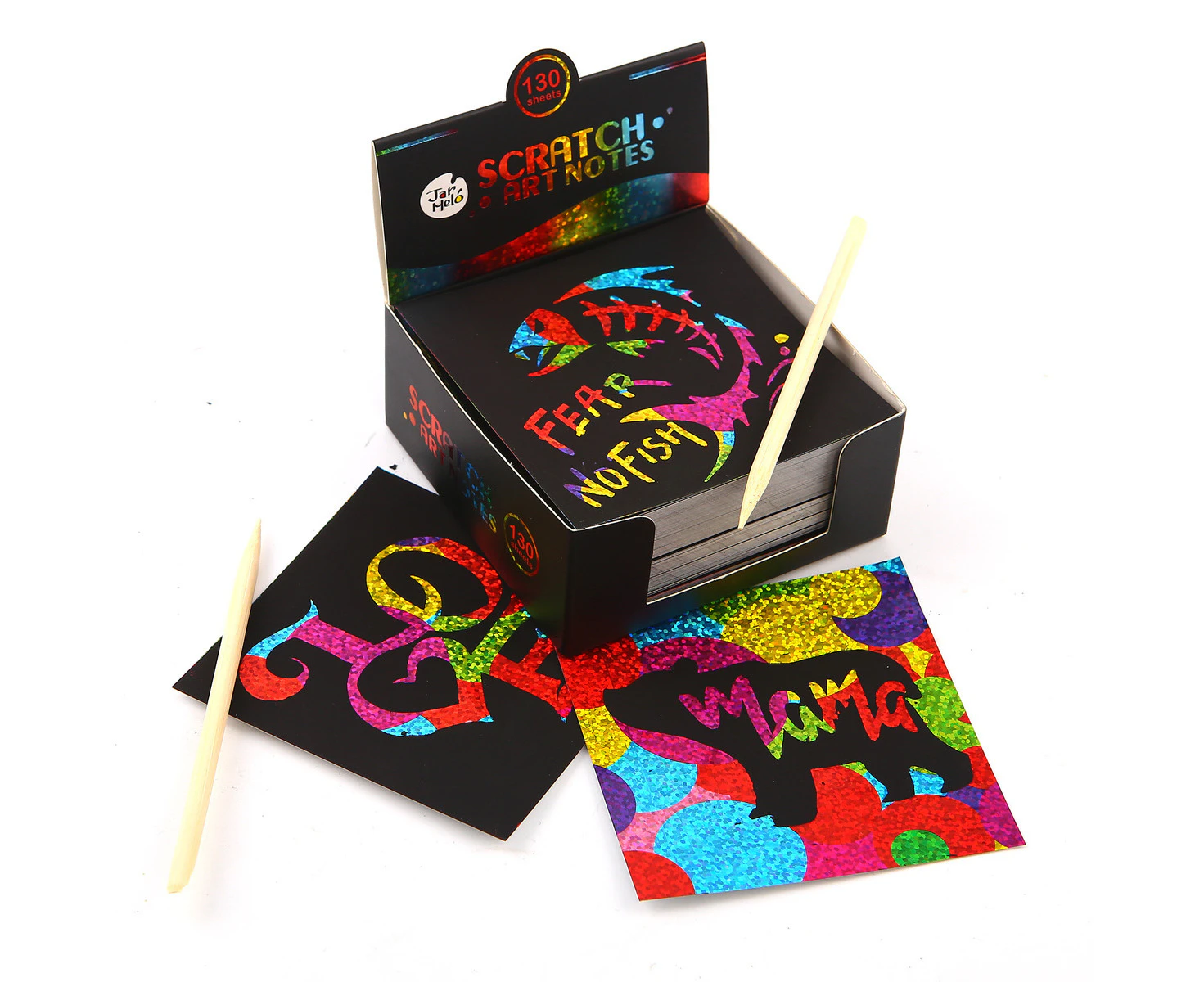 Jarmelo Scratching Draw Rainbow Card Kids Play Set Glittery Notes w/Stylus 3+