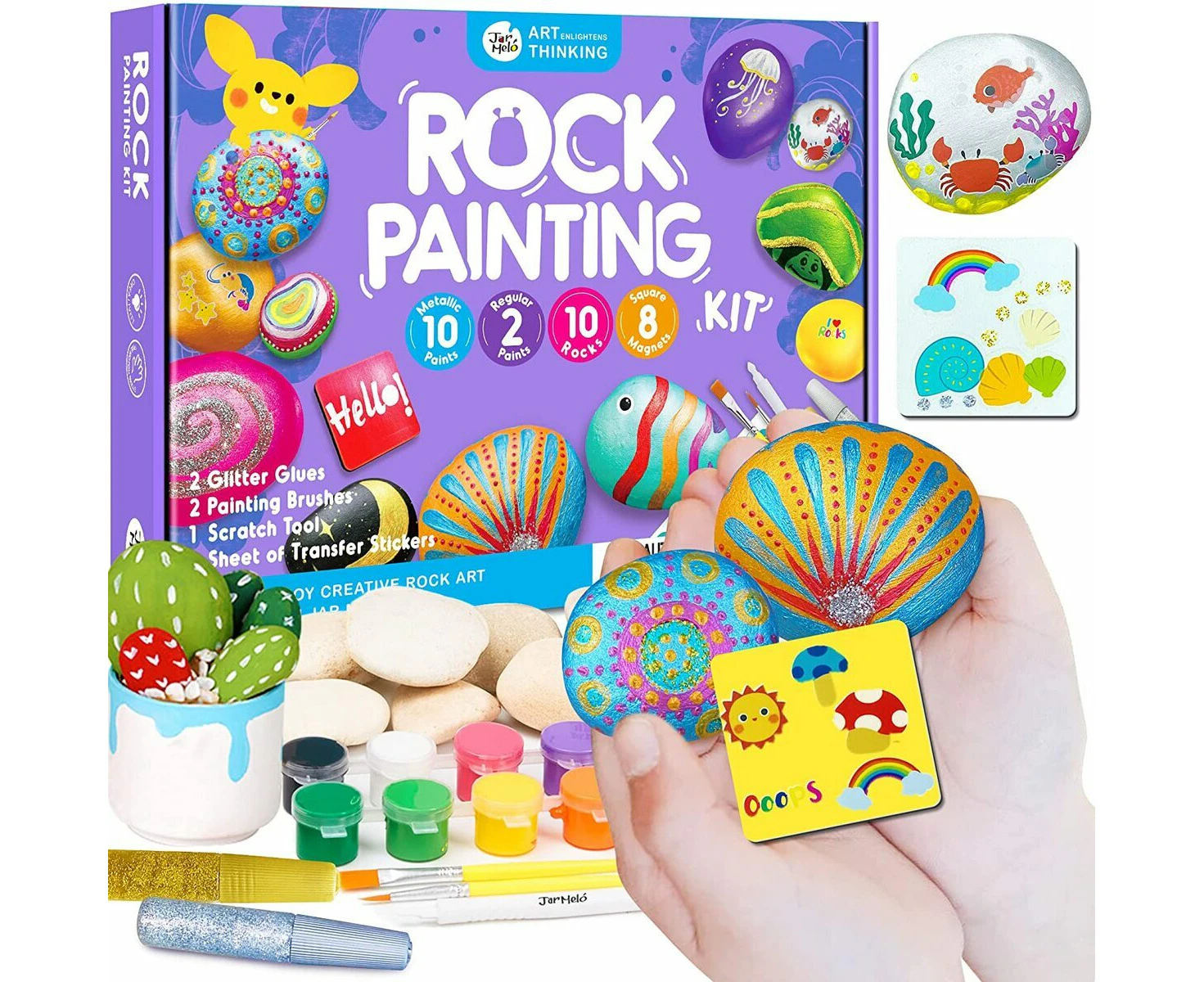 Jarmelo Rock Painting Kids Colouring Craft Kit Metallic Paints/Glitter Glue 3+