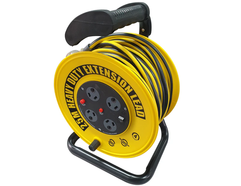 Ultracharge Heavy Duty 25m Extension Cord Lead Reel 10A Electric Cable Yellow/BK