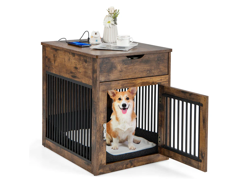 Costway Dog Crate Funiture Wood Pet Kennel Puppy House Nightstand w/Wired Wireless Charging Station Drawer