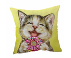 Cushion Cover 45cm x 45cm Double Sided Print Funny Cats Happy Tabby Kitten Eating Doughnut