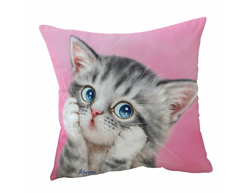 Cushion Cover 45cm x 45cm Double Sided Print Designs for Kids Tabby Grey Kitty Cat over Pink