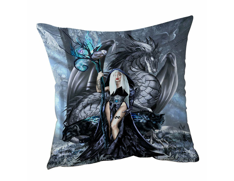Cushion Cover 45cm x 45cm Double Sided Print Fantasy Digital Art Aquarius Witch and Dragon