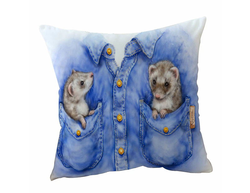 Cushion Cover 45cm x 45cm Double Sided Print Kids Adorable Animal Drawings Pocket Ferrets