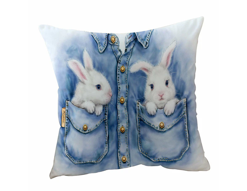 Cushion Cover 45cm x 45cm Double Sided Print Kids Adorable Animal Drawings Pocket Bunnies