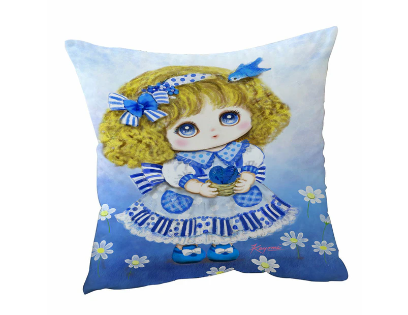 Cushion Cover 45cm x 45cm Double Sided Print Kids Drawings Blue Girl and Daisy Flowers