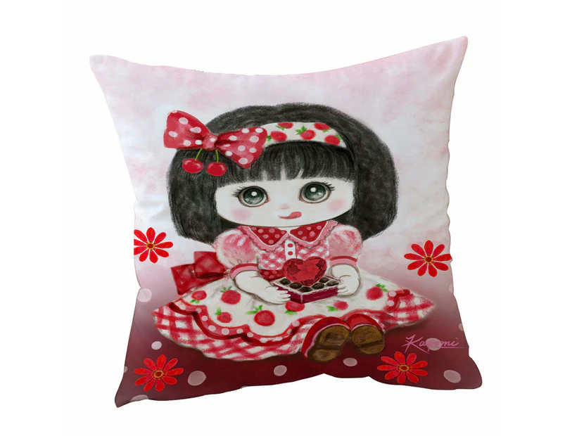 Cushion Cover 45cm x 45cm Double Sided Print Kids Drawings Red Girl Heart and Flowers