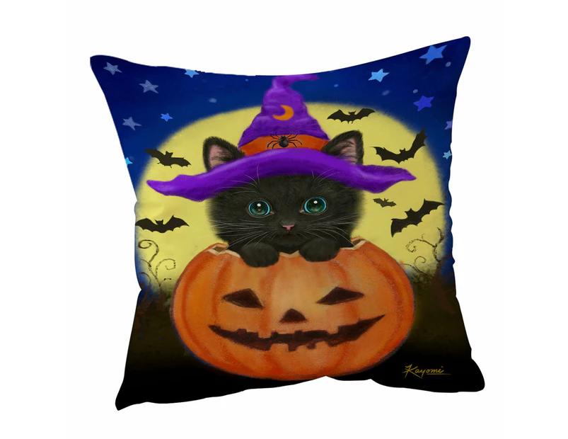 Cushion Cover 45cm x 45cm Double Sided Print Funny Cute Halloween Black Cat in Pumpkin