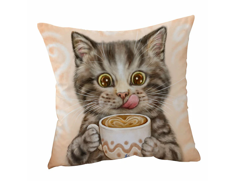 Cushion Cover 45cm x 45cm Double Sided Print Funny Kittens Drinking Hot Chocolate Tabby Cat