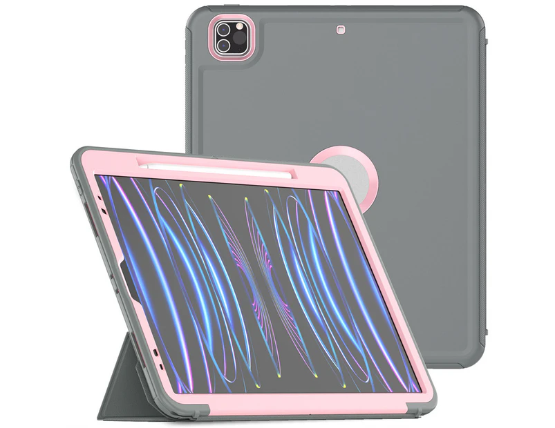 WASSUP iPad Pro 12.9 inch (3rd/4th/5th/6th Gen) 3-Layer Smart Magnetic Auto Sleep Wake Leather Cover With Stand Feature-Grey&Pink