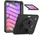 WASSUP iPad Mini 6th Gen 8.3 inch 2021 Shockproof Case Pencil Holder With 360 Rotating Hand Strap & Stand-Black