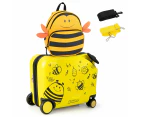 Costway 2PCS Kids Ride On Suitcase Set 18" +12" Luggage Set Travel Trolley Carry On Bag Bee, Yellow