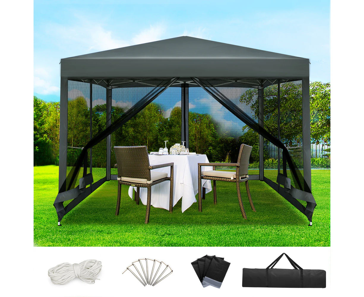 InstaHut Gazebo Pop Up Marquee 3x3m Wedding Party Outdoor Camping Tent Canopy Shade Mesh Wall Grey