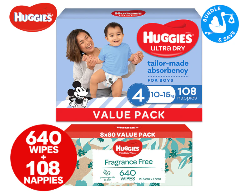 Huggies Ultra Dry Size 4 10-15kg Boys' Nappies 108pk + Fragrance Free Baby Wipes 640pk